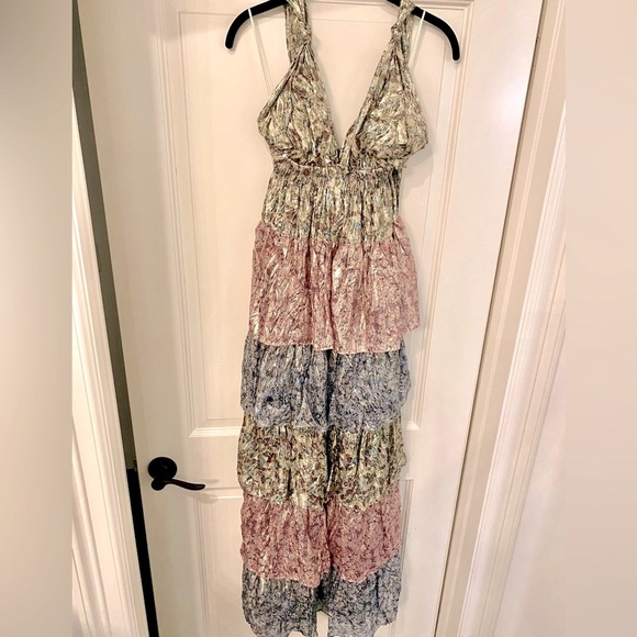 LOVESHACKFANCY Clarissa tiered metallic halter gown - Picture 2 of 10